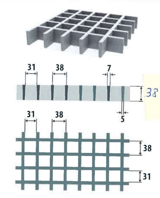 Ritilämatot Lasikuituritilä 38x38 38x7 3000x1000mm kehystetty
