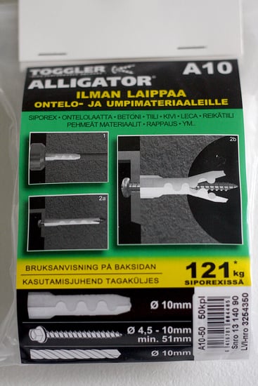 Kiinnitys-, tiivistys- ja merkitsemistarvikkeet Yleistulppa Toggler Alligator 10mm ilman laippaa 50kpl