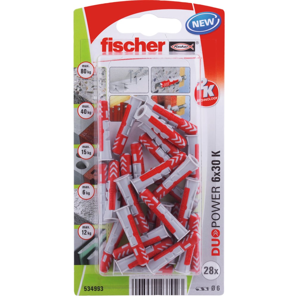 Kiinnitys-, tiivistys- ja merkitsemistarvikkeet Nailontulppa fischer DuoPower 6x30 28kpl