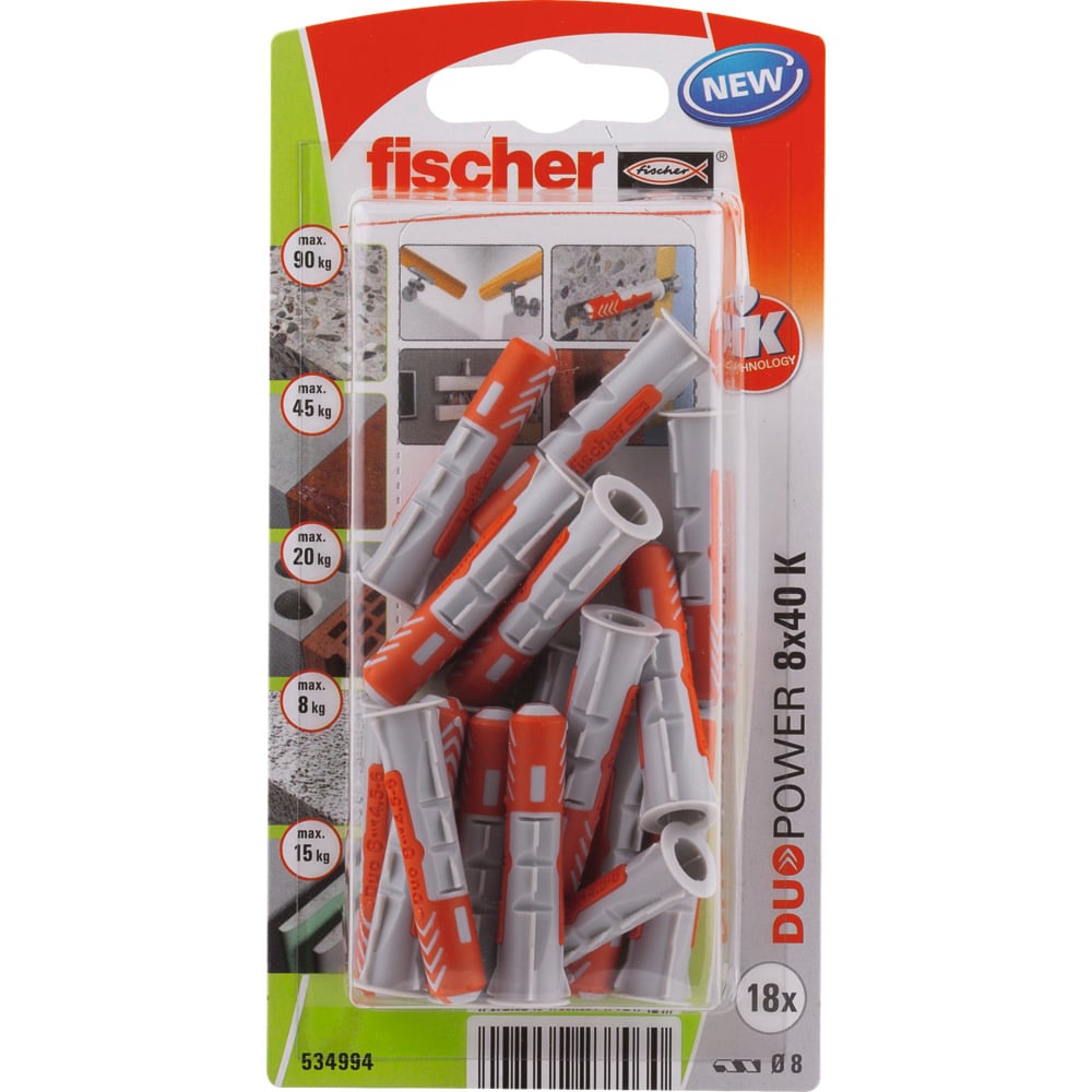 Kiinnitys-, tiivistys- ja merkitsemistarvikkeet Nailontulppa fischer DuoPower 8x40 18kpl