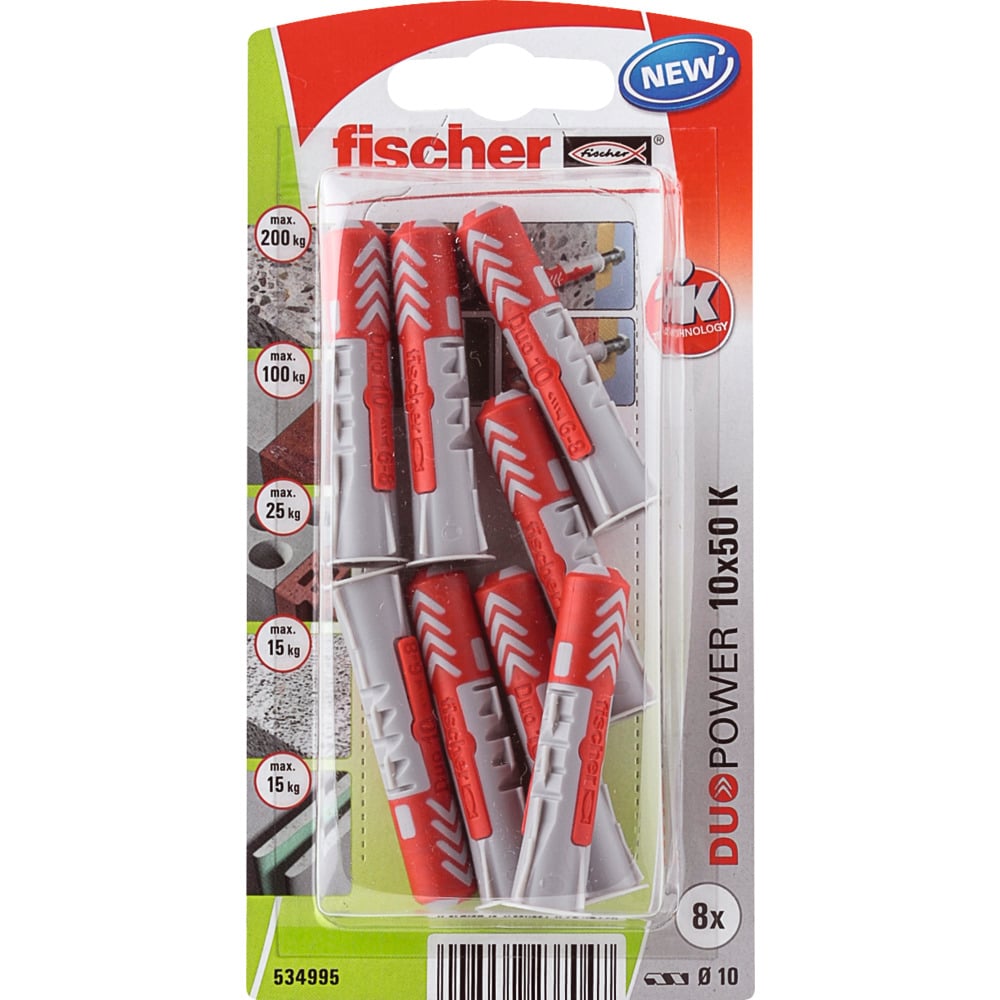 Kiinnitys-, tiivistys- ja merkitsemistarvikkeet Nailontulppa fischer DuoPower 10x50 8kpl