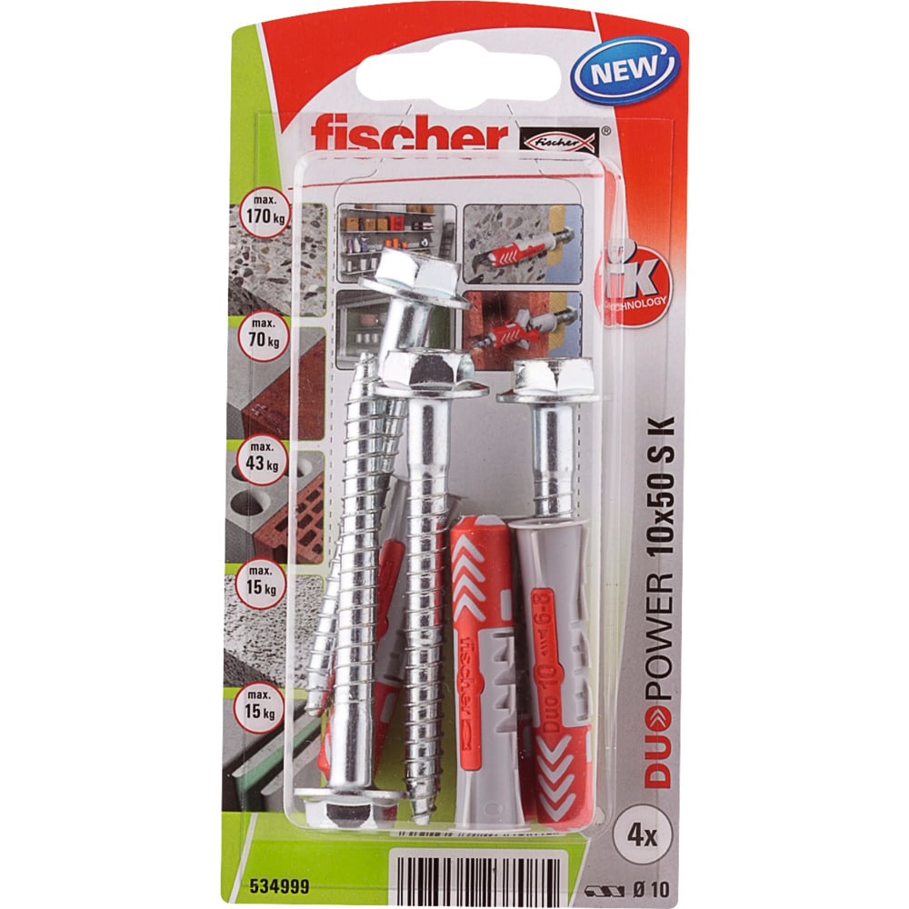 Kiinnitys-, tiivistys- ja merkitsemistarvikkeet Nailontulppa fischer DuoPower 10x50 ruuvilla 4kpl