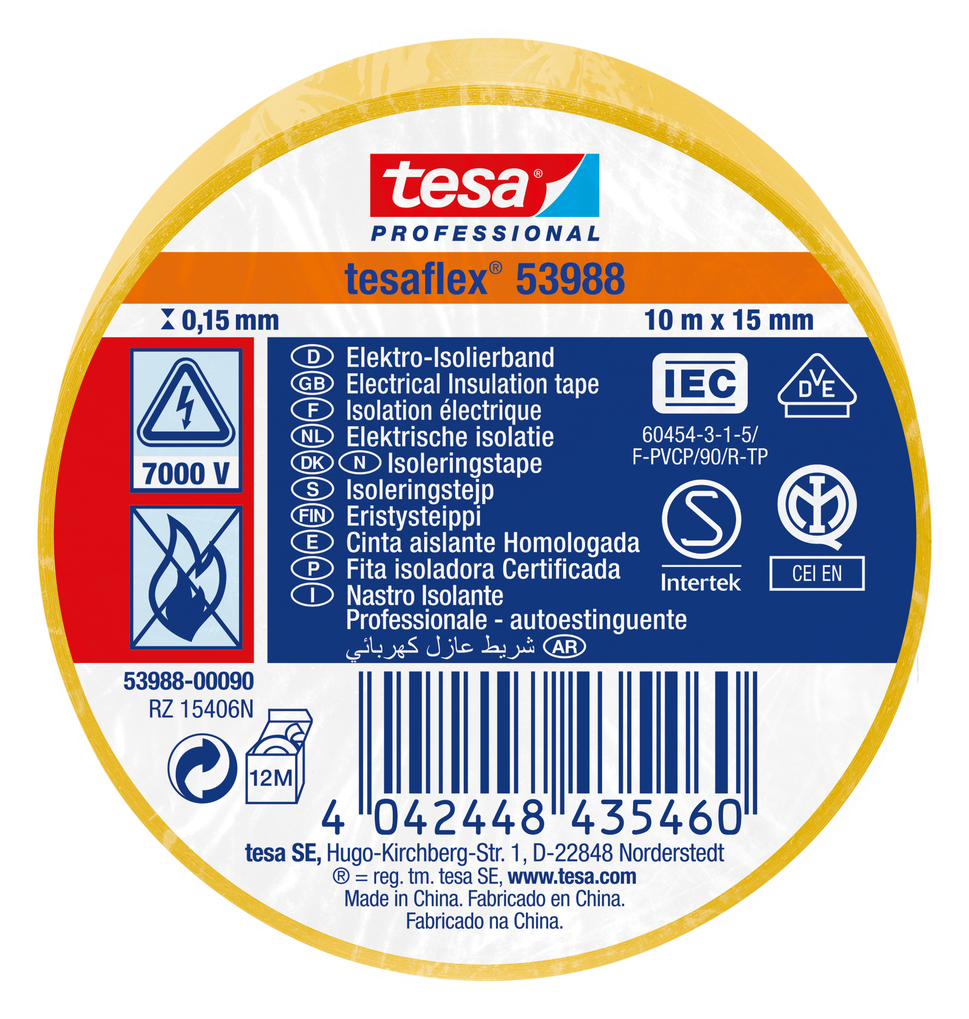 Kiinnitys-, tiivistys- ja merkitsemistarvikkeet Sähköeristysteippi PVC tesa 15mm x 10m keltainen