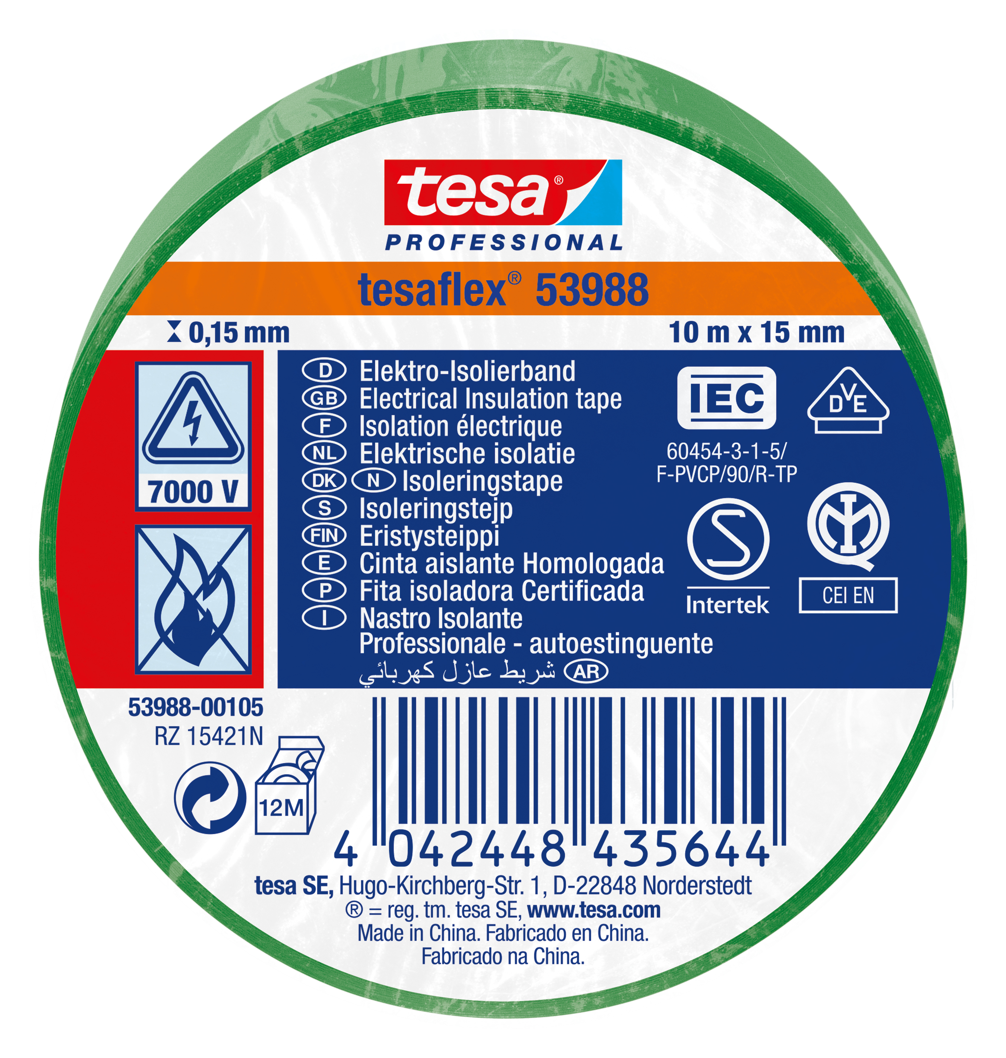 Kiinnitys-, tiivistys- ja merkitsemistarvikkeet Sähköeristysteippi PVC 15mm x 10m vihreä tesa 53988