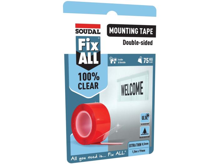 Kiinnitys-, tiivistys- ja merkitsemistarvikkeet Asennusteippi 2-puol. kirkas Fix All 19x1500mm