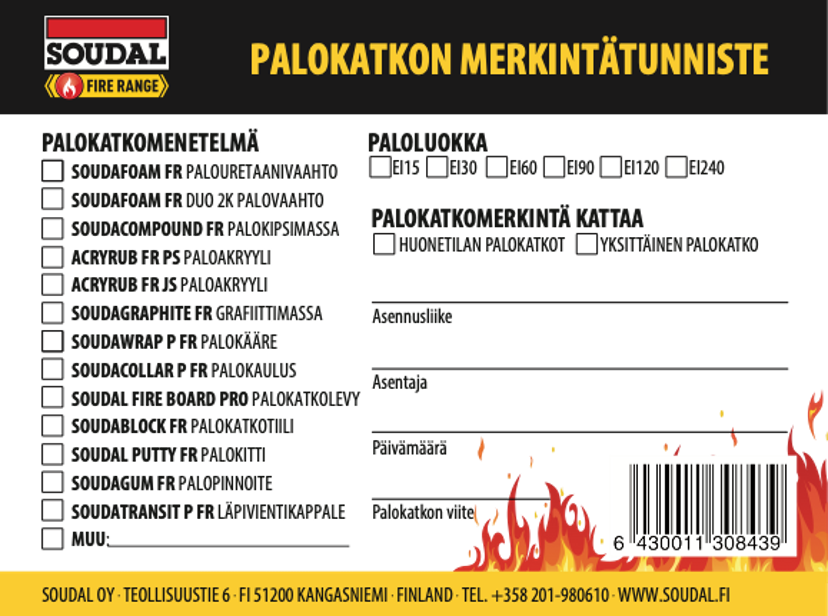 Kiinnitys-, tiivistys- ja merkitsemistarvikkeet Palokatkotarra 50kpl